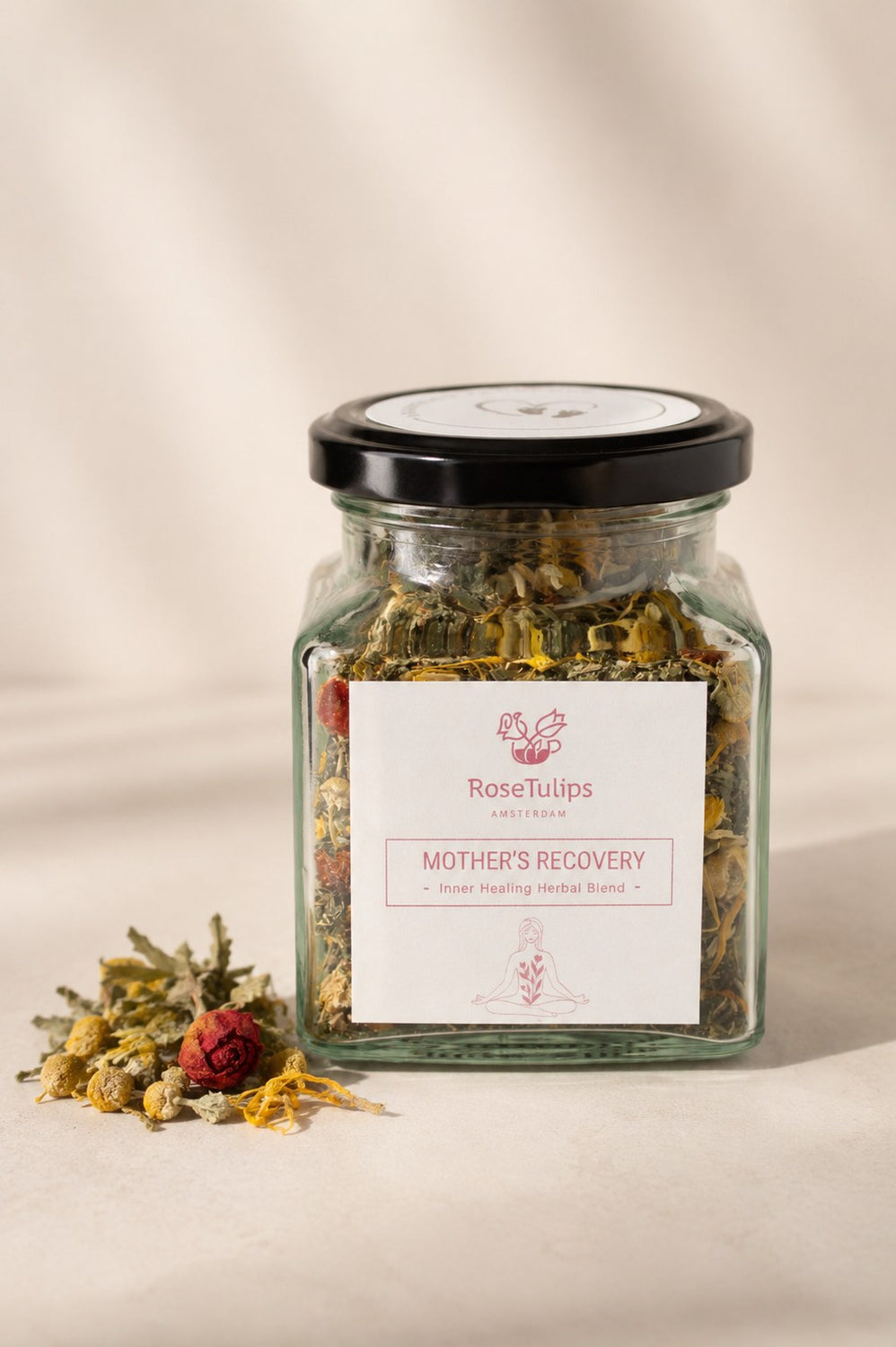 Mother's Recovery tea jar by RoseTulips Amsterdam — postpartum herbal blend with raspberry leaf and nettle