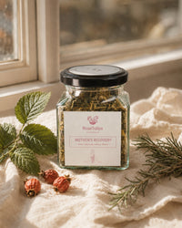 Mother's Recovery tea jar in natural window light — RoseTulips postpartum recovery blend