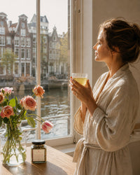 Mother's Recovery tea ritual moment — postpartum nourishment in an Amsterdam home