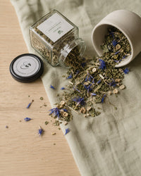Nurture and Nourish loose leaf tea blend — nettle, alfalfa, lemon balm, and cornflower