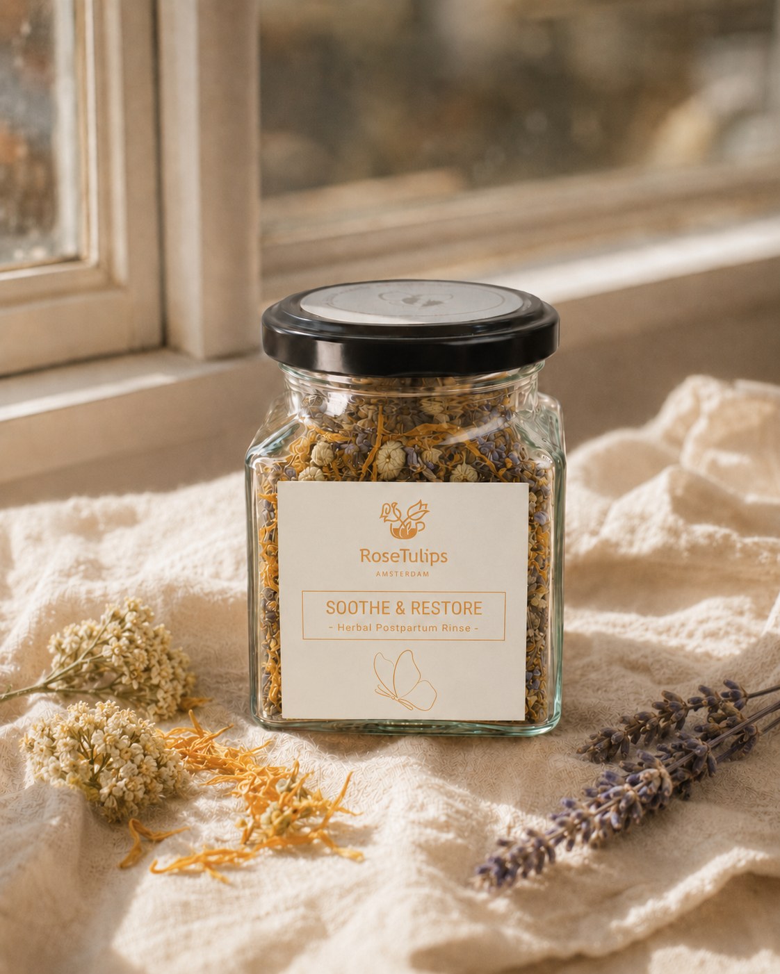 Soothe and Restore postpartum rinse and steam blend jar by RoseTulips — yarrow, calendula, lavender