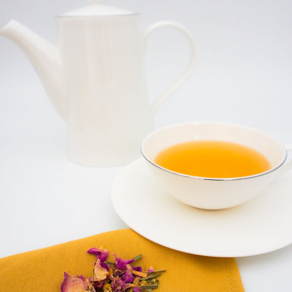 Yoga label, a tea that contains rosa damascena, lemongrass, chamomile, ginger, lavender and liquorice.